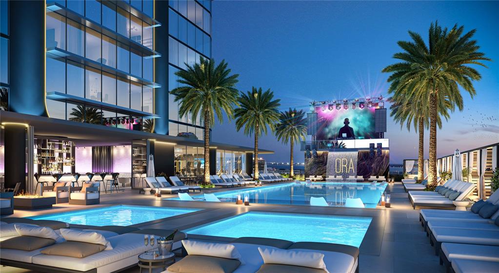 This is a rendering of a modern rooftop pool deck with lounge seating and a DJ — 1101 E JACKSON STREET UNIT 3008, TAMPA, FL