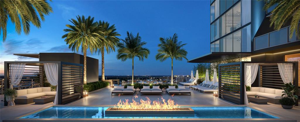 This architectural rendering shows a rooftop pool terrace with cabanas, lounge seating, and a fire pit — 1101 E JACKSON STREET UNIT 3008, TAMPA, FL