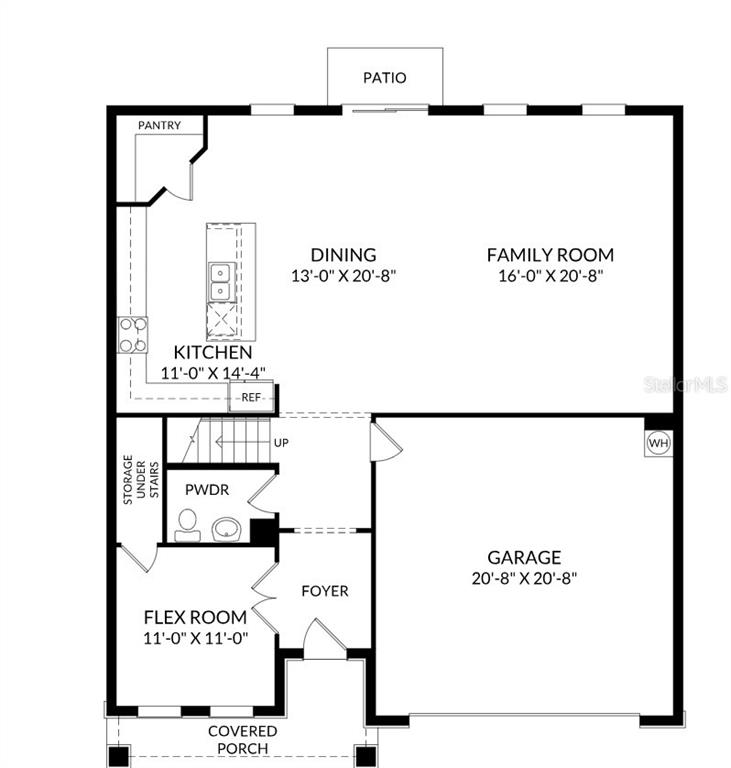 This is a floor plan of a home's main level featuring a garage and patio — 12907 CARA COURT, GRAND ISLAND, FL