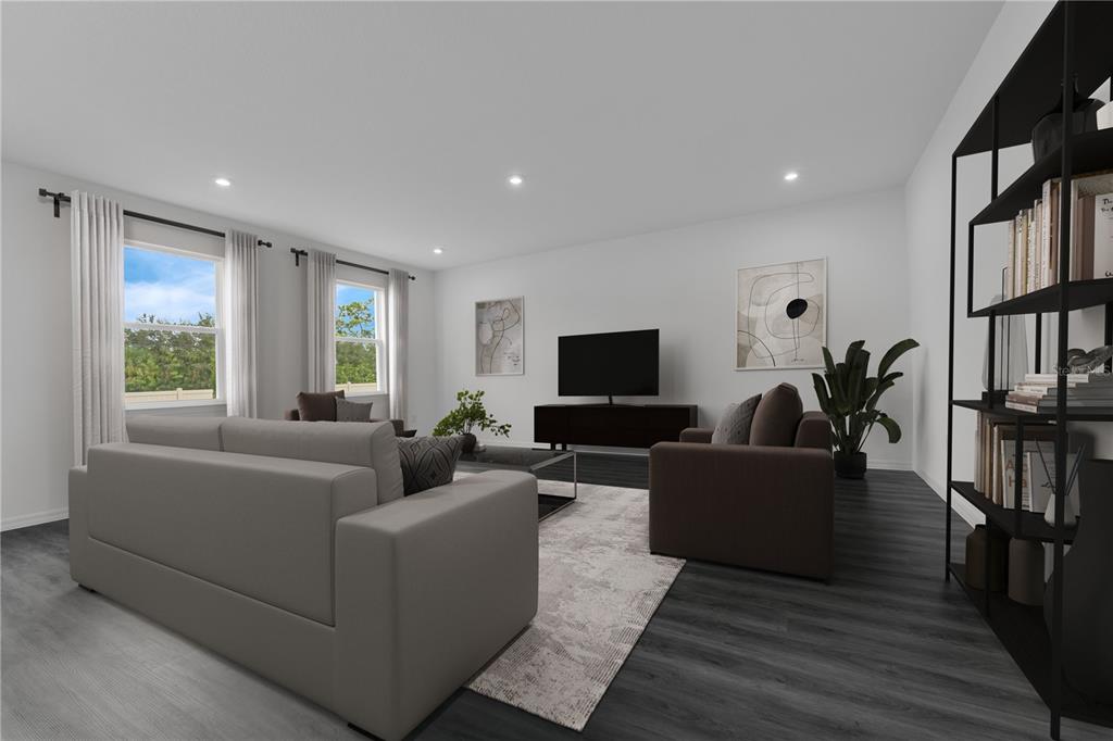 This is a digital rendering of a living room with gray flooring and white walls — 12907 CARA COURT, GRAND ISLAND, FL