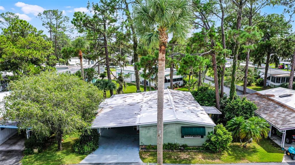 An elevated view shows a light green mobile home with a carport and metal roof — 192 PALM MEADOWS DRIVE, EUSTIS, FL