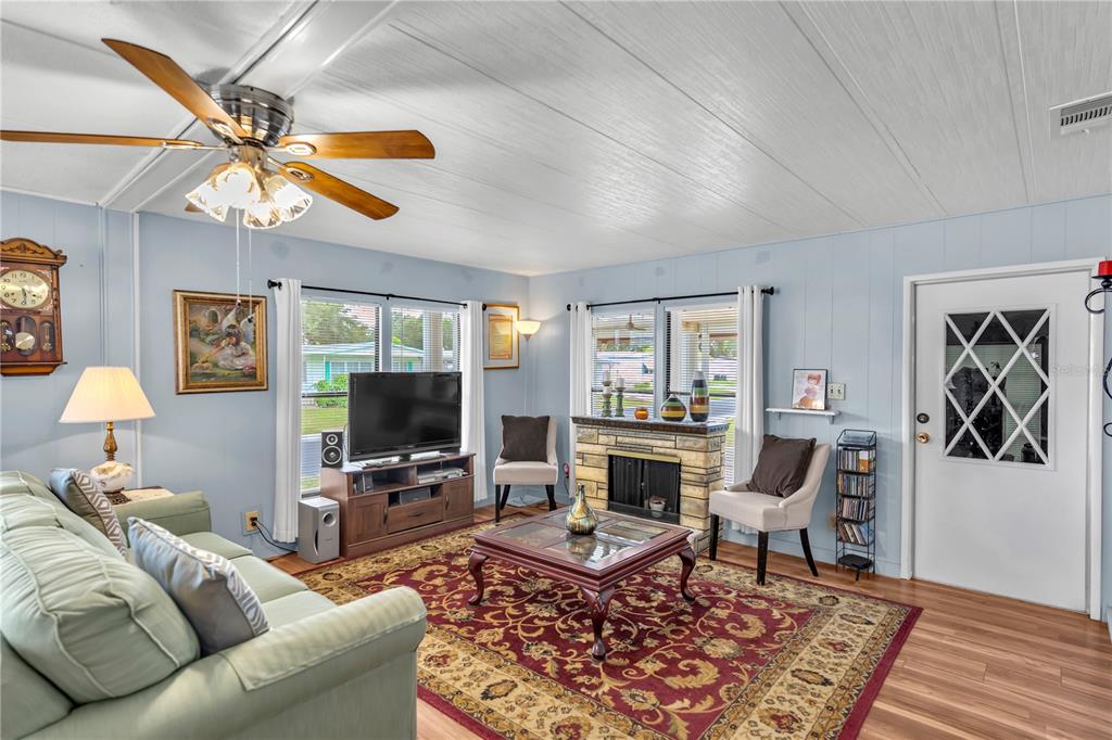 A living room features a light green sofa, a fireplace, and a patterned area rug — 38546 STAFFORD DRIVE, ZEPHYRHILLS, FL