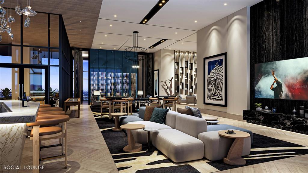 This rendering shows a modern hotel lobby with a marble reception desk and hanging light fixtures — 520 N TAMPA ST UNIT 3101, TAMPA, FL