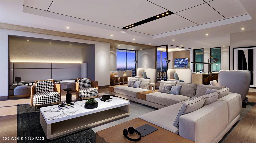 This rendering shows a modern social lounge with a large television, modular seating, and bar — 520 N TAMPA ST UNIT 3101, TAMPA, FL
