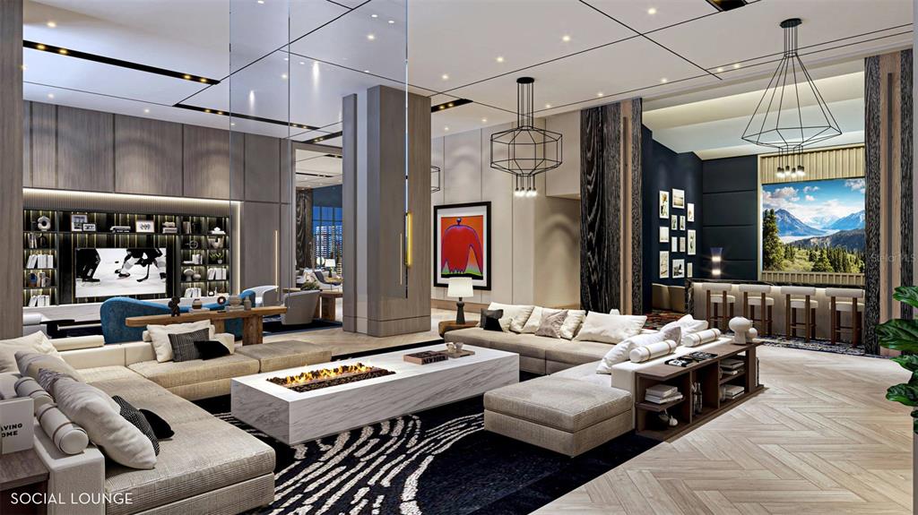 This rendering shows a modern co-working space with lounge seating, a marble coffee table, and recessed lighting — 520 N TAMPA ST UNIT 3101, TAMPA, FL