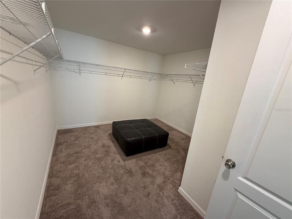 A walk-in closet features white wire shelving, beige carpeting, and a black tufted ottoman — 13085 THATCH PALM WAY, ORLANDO, FL