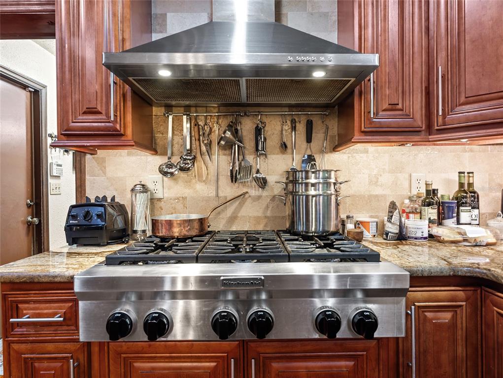 A kitchen features a stainless steel gas range, a vent hood, and wooden cabinetry — 15733 TOWER VIEW DRIVE, CLERMONT, FL