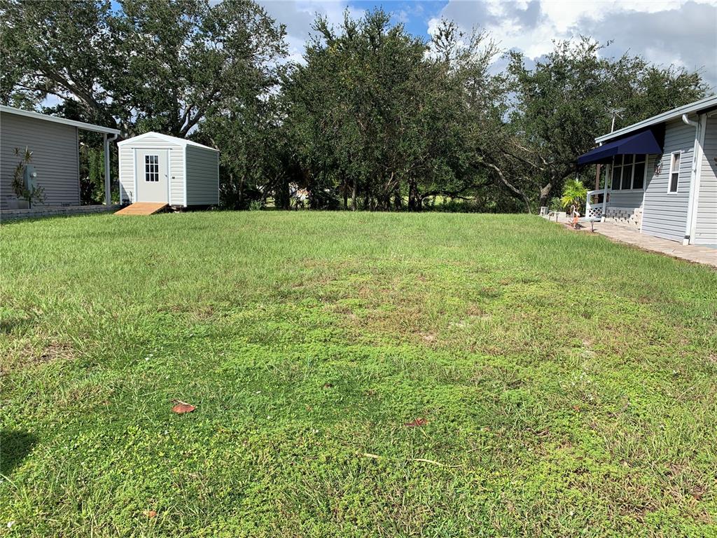 A grassy backyard sits between two houses with a small white storage shed in the back — 223 N SAINT GEORGE CIRCLE, APOLLO BEACH, FL
