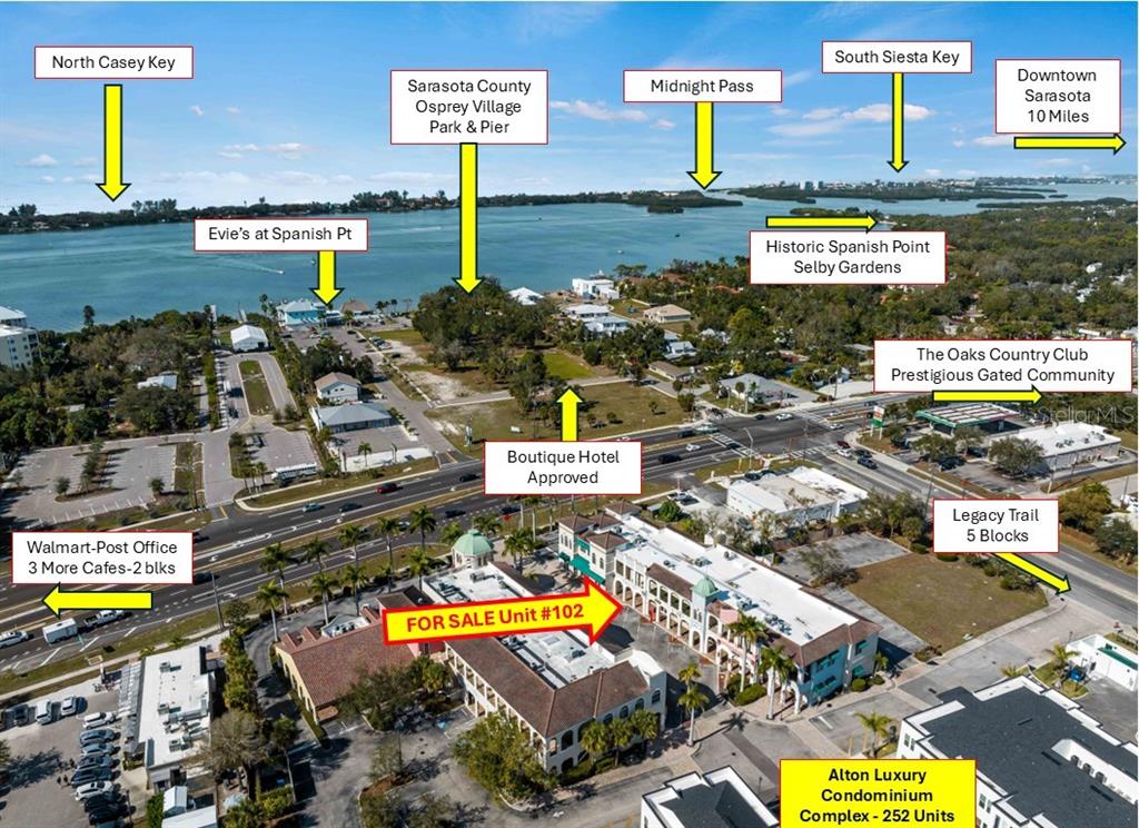 This aerial view shows a real estate location map with labels for surrounding landmarks — 3976 DESTINATION DRIVE UNIT 102, OSPREY, FL