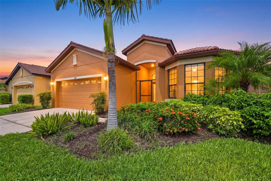 A single-story stucco house with a two-car garage, palm tree, and landscaped front yard — 229 SILVER FALLS DRIVE, APOLLO BEACH, FL