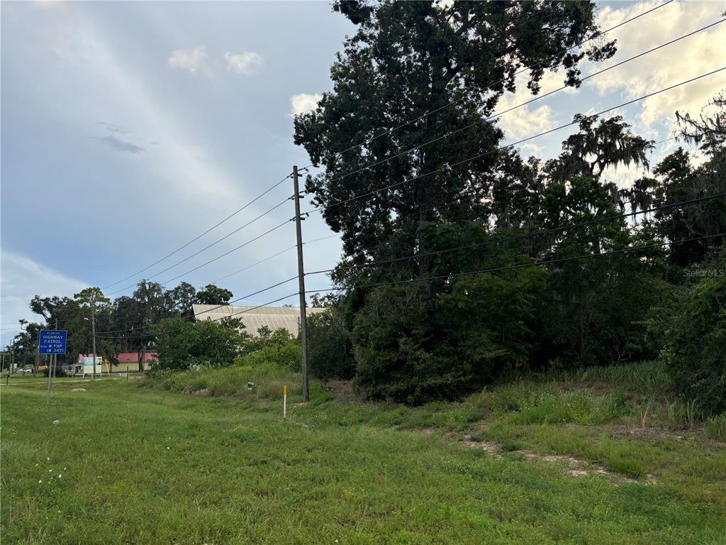 A grassy lot features a utility pole, mature trees, and a Florida Highway Patrol sign — US HWY 301, BELLEVIEW, FL