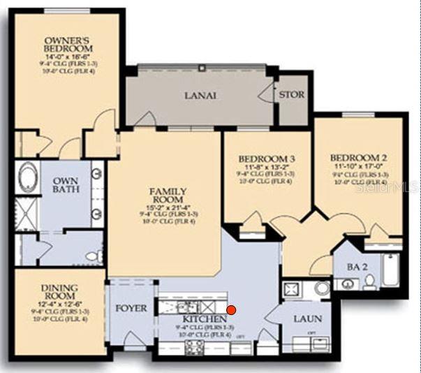 This floor plan shows a residential layout featuring three bedrooms, a kitchen, and a lanai — 5048 SHOREWAY LOOP UNIT 40404, ORLANDO, FL