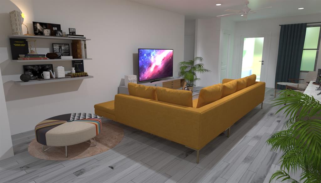 This is a digital rendering of a living room featuring a yellow sectional sofa — 2663 TRAFALGAR BOULEVARD, KISSIMMEE, FL