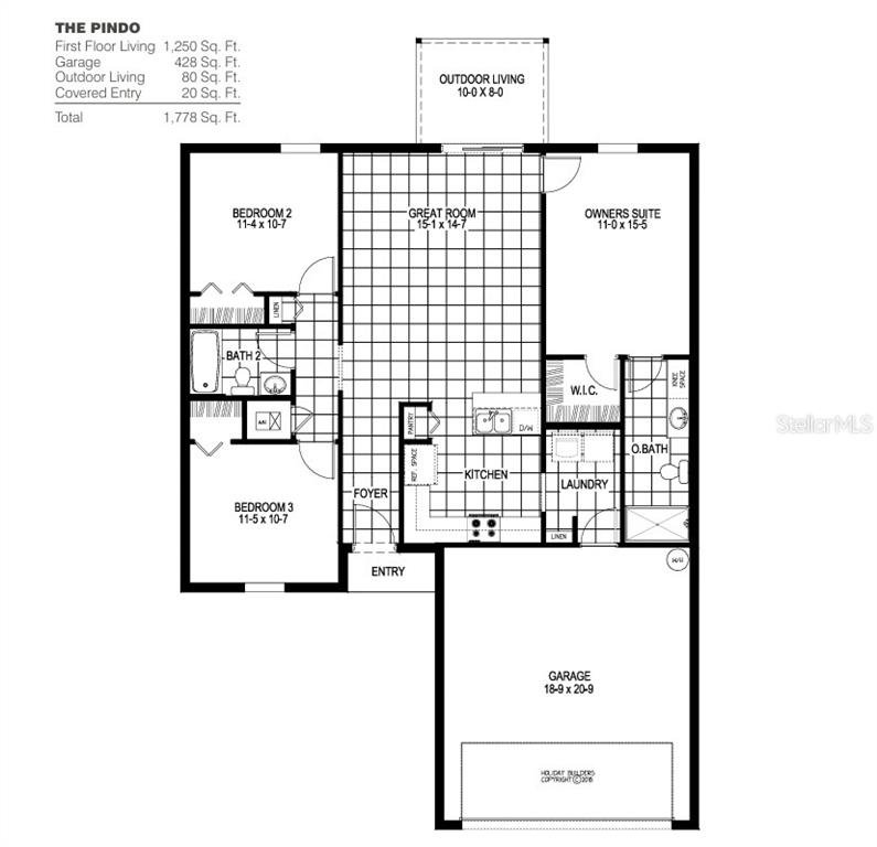 This is a floor plan for a three-bedroom, two-bathroom home with an attached garage — 3020 CASCADE CIRCLE, LAKE WALES, FL