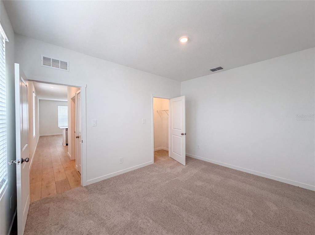 A carpeted bedroom features white walls, a walk-in closet, and a doorway leading to a hallway — 347 PUMA LOOP, GROVELAND, FL