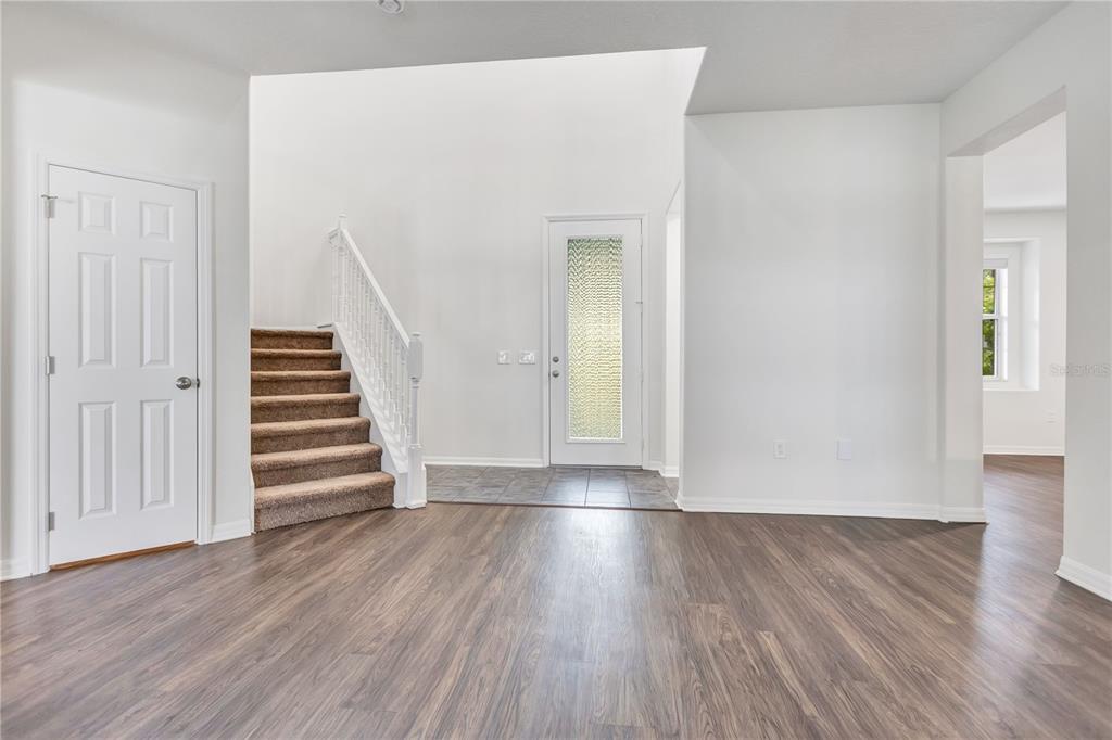 An entryway with wood-look flooring, a carpeted staircase, and a front door with textured glass — 5331 SANDY SHELL DRIVE, APOLLO BEACH, FL