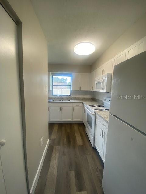 A galley kitchen features white cabinets, stainless steel appliances, and wood-look flooring — 3622 WILLOW OAK ROAD, MULBERRY, FL