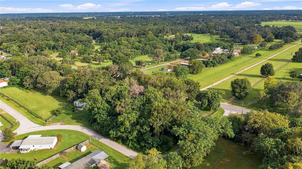 An aerial view shows a rural landscape with houses, dense trees, and open grassy fields — 5850 SE 144TH PLACE, SUMMERFIELD, FL