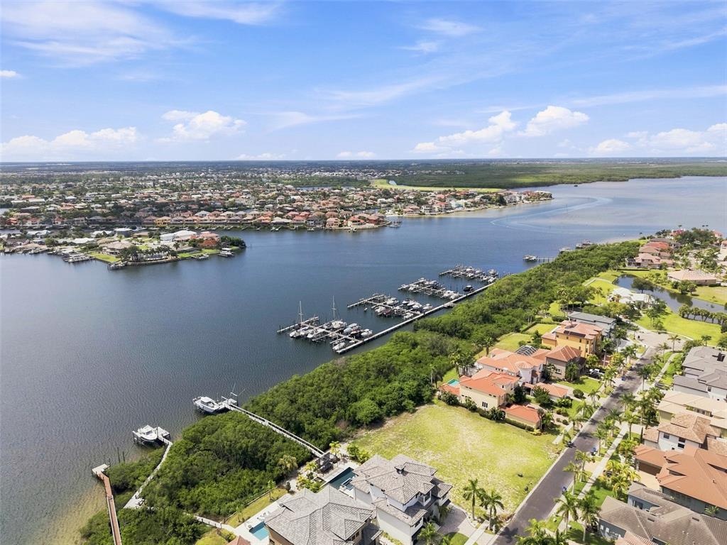 An aerial view shows a waterfront residential neighborhood with a marina and private boat docks — 6111 LAGOMAR LANE, APOLLO BEACH, FL