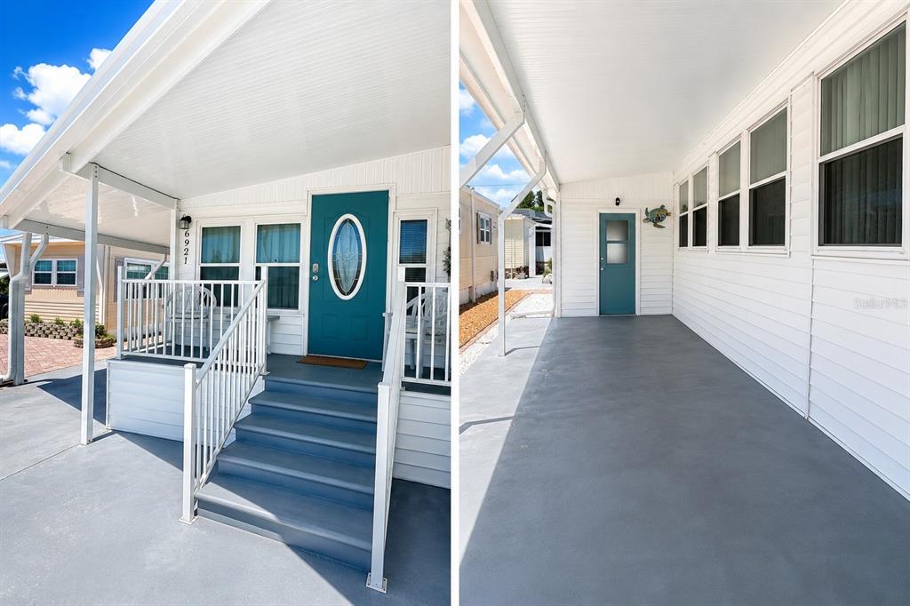 A split-view image showing a home's exterior entrance with stairs and a covered concrete porch — 6921 MARLIN LANE, BRADENTON, FL