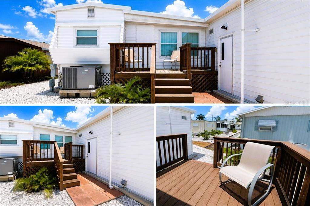 A white mobile home exterior features a wooden deck with stairs and a patio chair — 6921 MARLIN LANE, BRADENTON, FL
