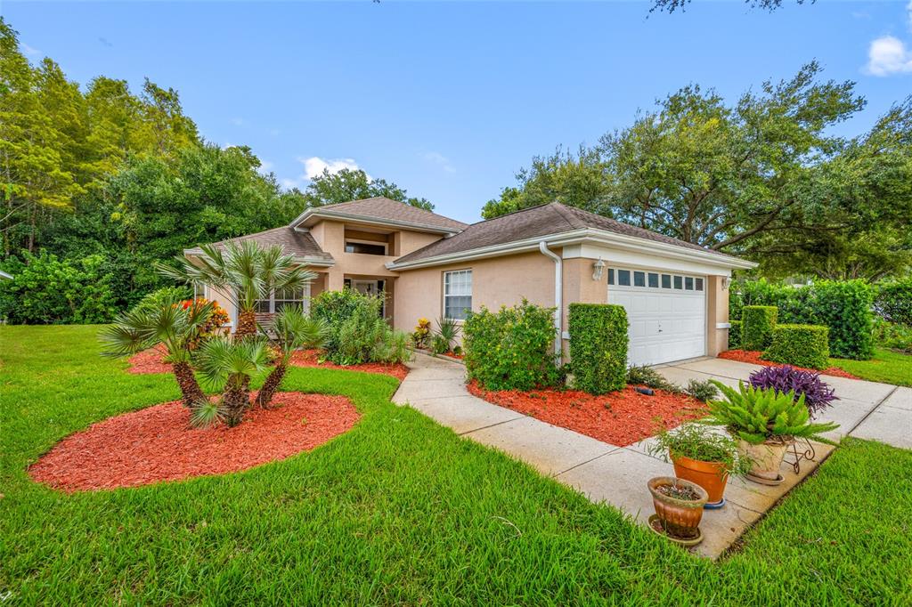 A single-story house with a tan stucco exterior, a two-car garage, and landscaped front yard — 1044 DALESIDE LANE, NEW PORT RICHEY, FL