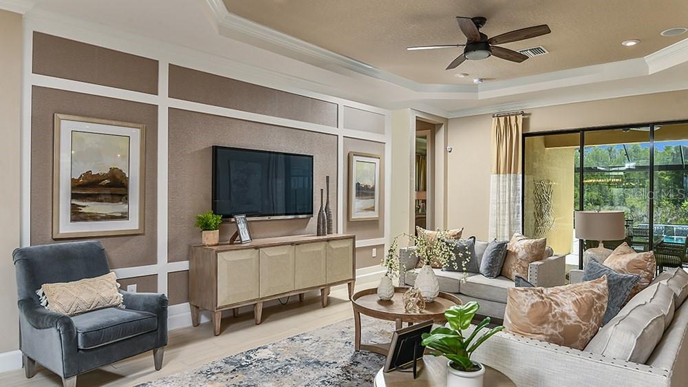 A living room features a paneled accent wall, a television, and a sliding glass door — 30189 IMPERATI BOULEVARD, WESLEY CHAPEL, FL