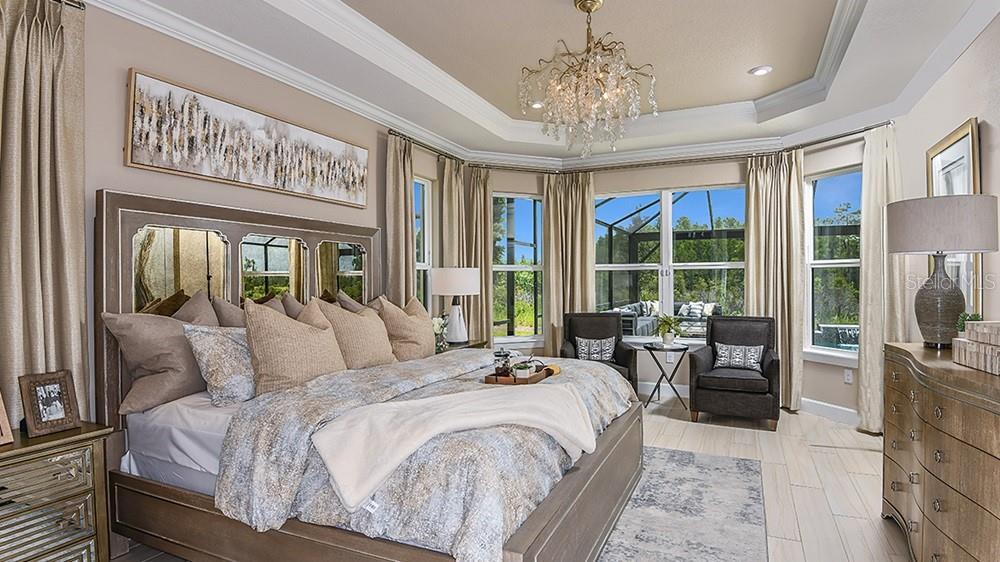 A bedroom features a king bed, a crystal chandelier, and large windows overlooking a screened patio — 30189 IMPERATI BOULEVARD, WESLEY CHAPEL, FL