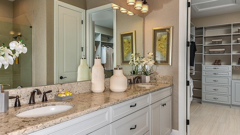 A bathroom features a double vanity with granite countertops, light gray cabinets, and a walk-in closet — 30189 IMPERATI BOULEVARD, WESLEY CHAPEL, FL