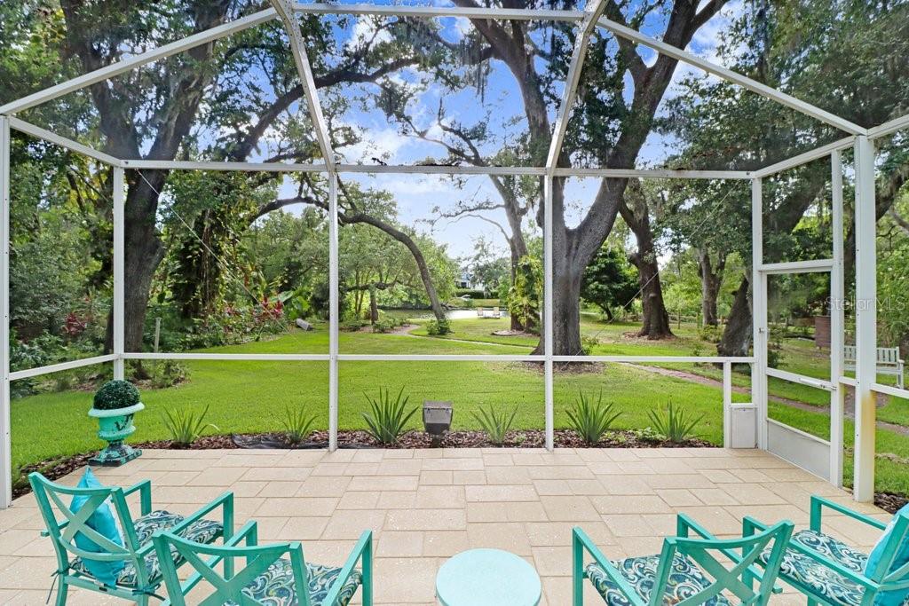 A screened-in patio overlooks a grassy backyard with large trees and a small pond — 1976 DUNLOE CIRCLE, DUNEDIN, FL