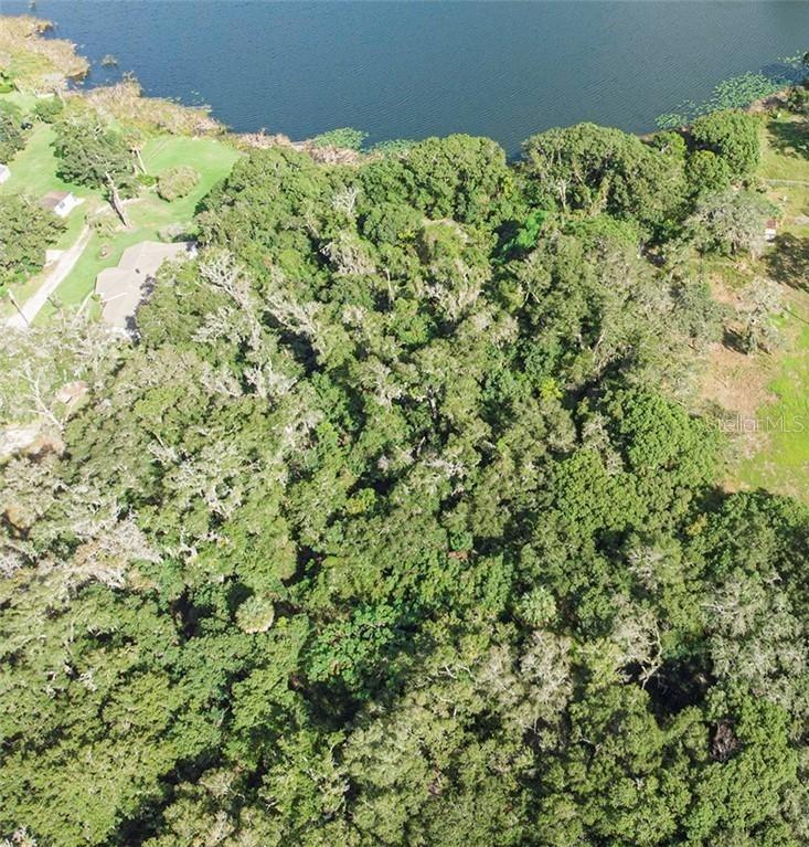 An aerial view shows a dense wooded lot bordering a lake next to a residential property — MARKER STREET, ALTAMONTE SPRINGS, FL