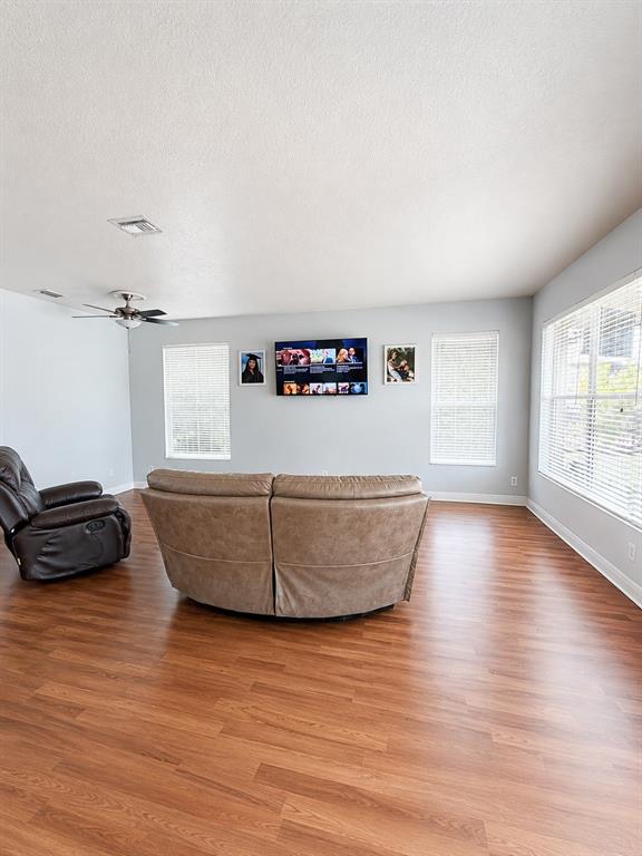 A living room features light gray walls, wood-look flooring, a television, and a curved sofa — 9950 58TH STREET E, PARRISH, FL