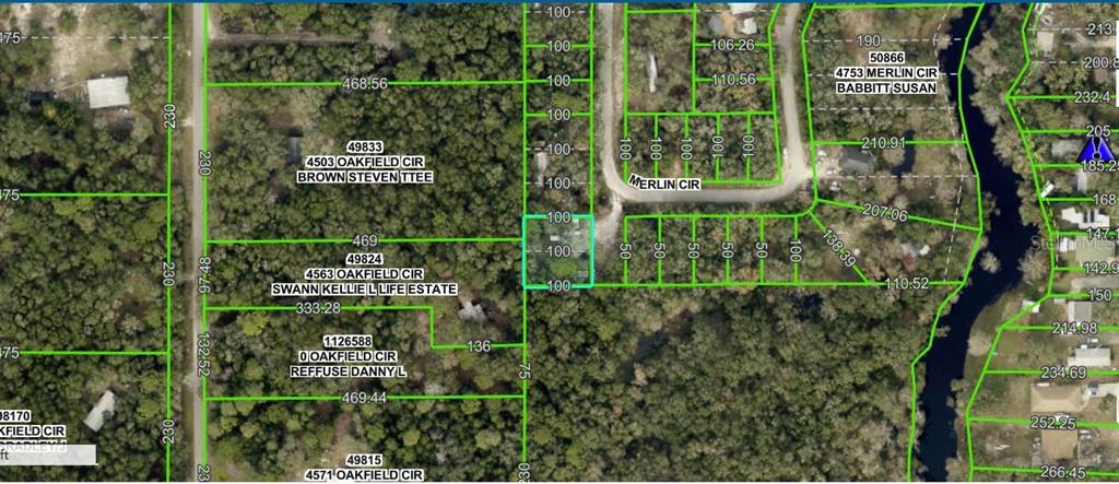 This is a property map showing parcel boundaries and dimensions for a residential area — 4809 MERLIN CIRCLE, RIDGE MANOR, FL