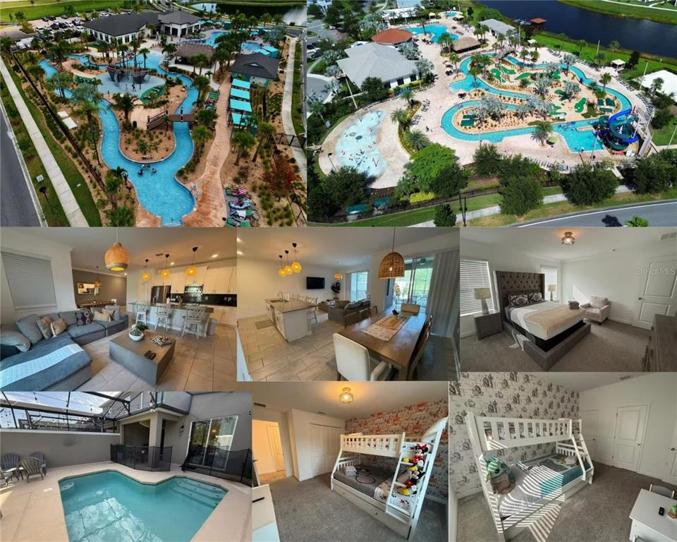This collage shows a resort pool, a modern living area, bedrooms, and a private patio pool — 2669 READING TRAIL, KISSIMMEE, FL