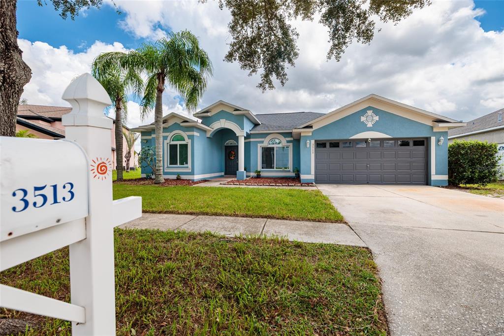 A blue single-story suburban house features a two-car garage and a white mailbox in front — 3513 PINE TOP DRIVE, VALRICO, FL