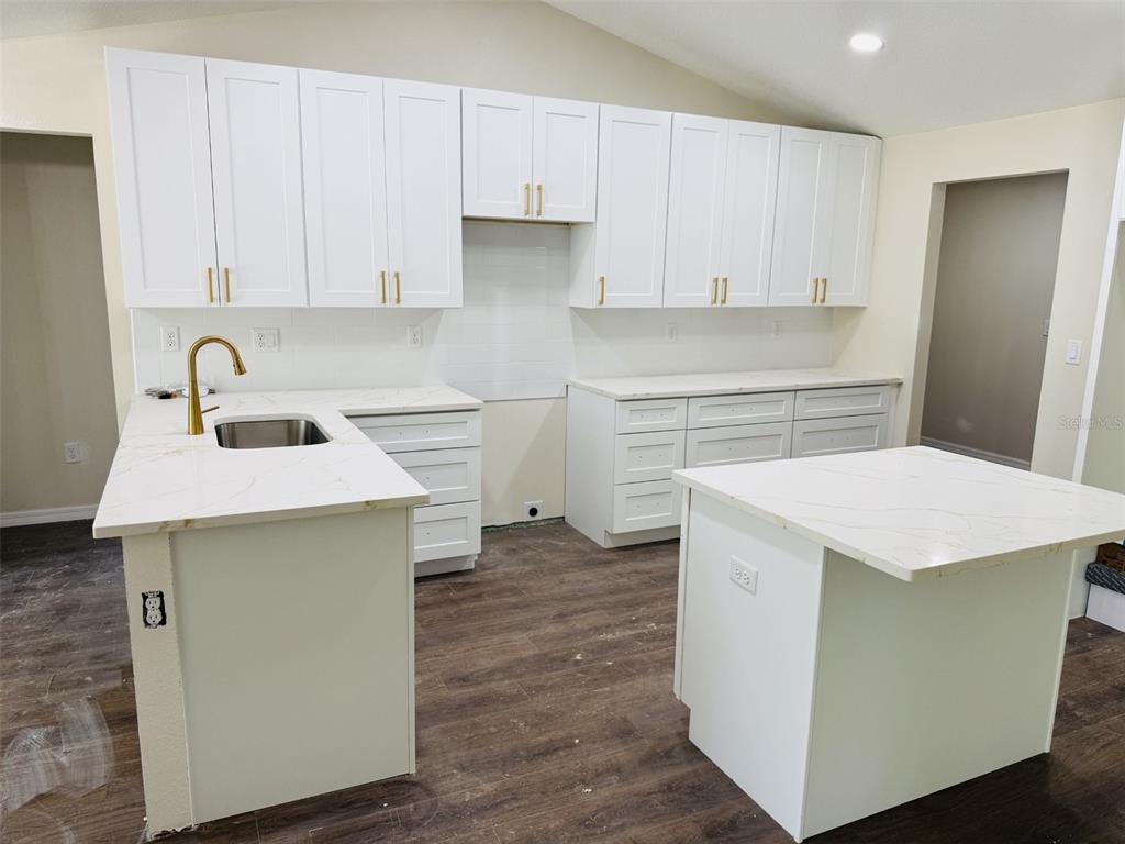 A kitchen features white cabinets, gold hardware, marble-look countertops, and a central island — 13475 CANYON SWALLOW ROAD, WEEKI WACHEE, FL