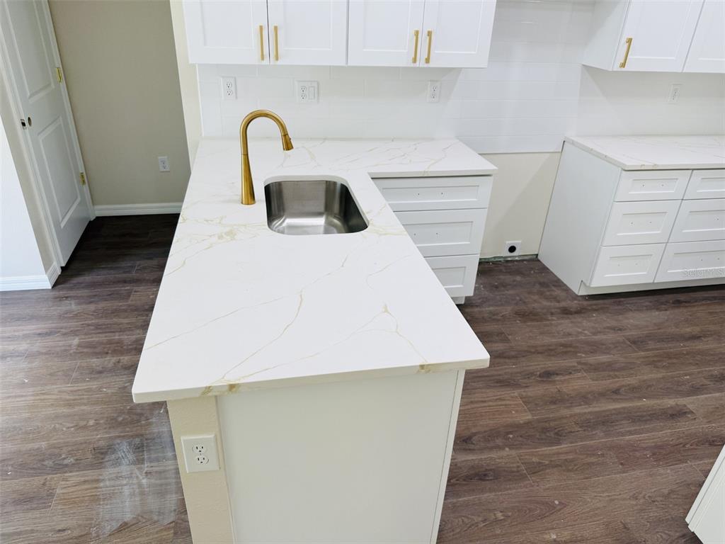 A kitchen features white cabinets, a gold faucet, and a white countertop with gold veining — 13475 CANYON SWALLOW ROAD, WEEKI WACHEE, FL