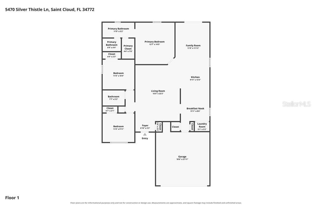 This is a floor plan showing the layout of a single-story residential home — 5470 SILVER THISTLE LANE, ST CLOUD, FL