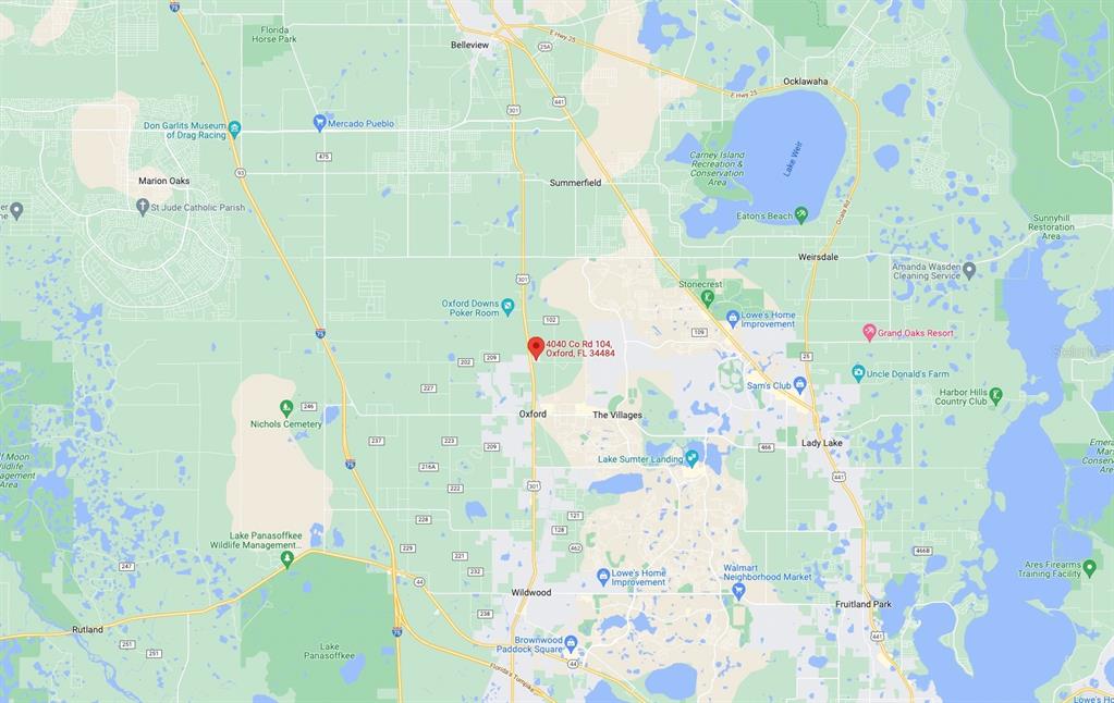 This is a map showing the location of a property near Oxford, Florida — 4040 COUNTY ROAD 104, OXFORD, FL