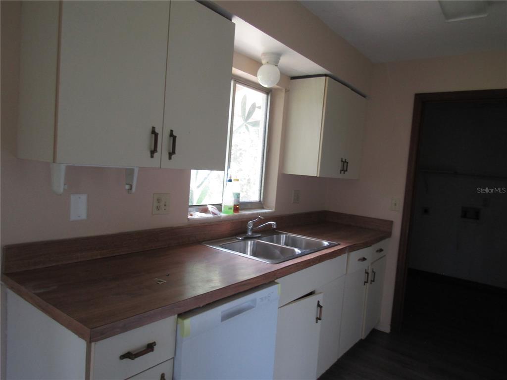 A kitchen features white cabinets, a wood-look laminate countertop, a double sink, and a dishwasher — 993 FOOTE STREET, EUSTIS, FL