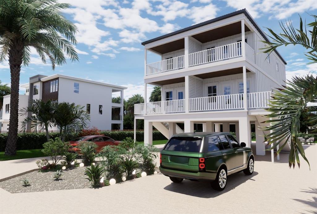 A digital rendering shows a three-story elevated house with white siding and two-story balconies — 108 125TH AVENUE, TREASURE ISLAND, FL
