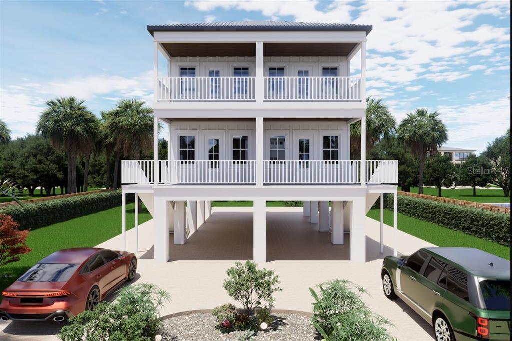 A digital rendering of a three-story elevated house with two levels of covered balconies — 108 125TH AVENUE, TREASURE ISLAND, FL