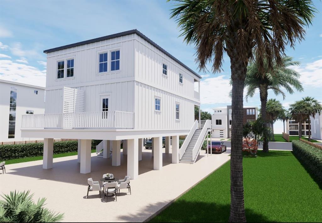 A digital rendering of a two-story white house elevated on stilts with an outdoor patio — 108 125TH AVENUE, TREASURE ISLAND, FL