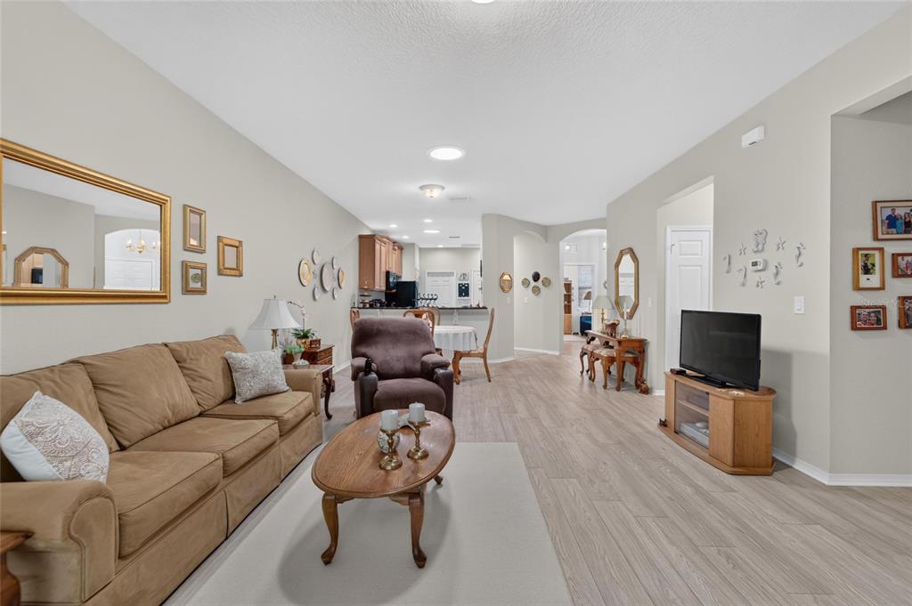 A living room features a tan sofa, brown armchair, wood coffee table, and wood-look flooring — 428 SENECA FALLS DRIVE, APOLLO BEACH, FL
