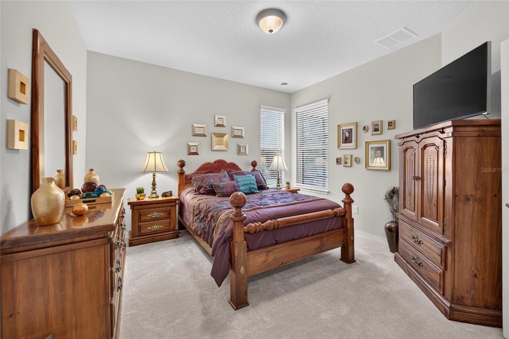 A bedroom features a wooden bed frame, matching furniture, a television, and framed wall art — 428 SENECA FALLS DRIVE, APOLLO BEACH, FL
