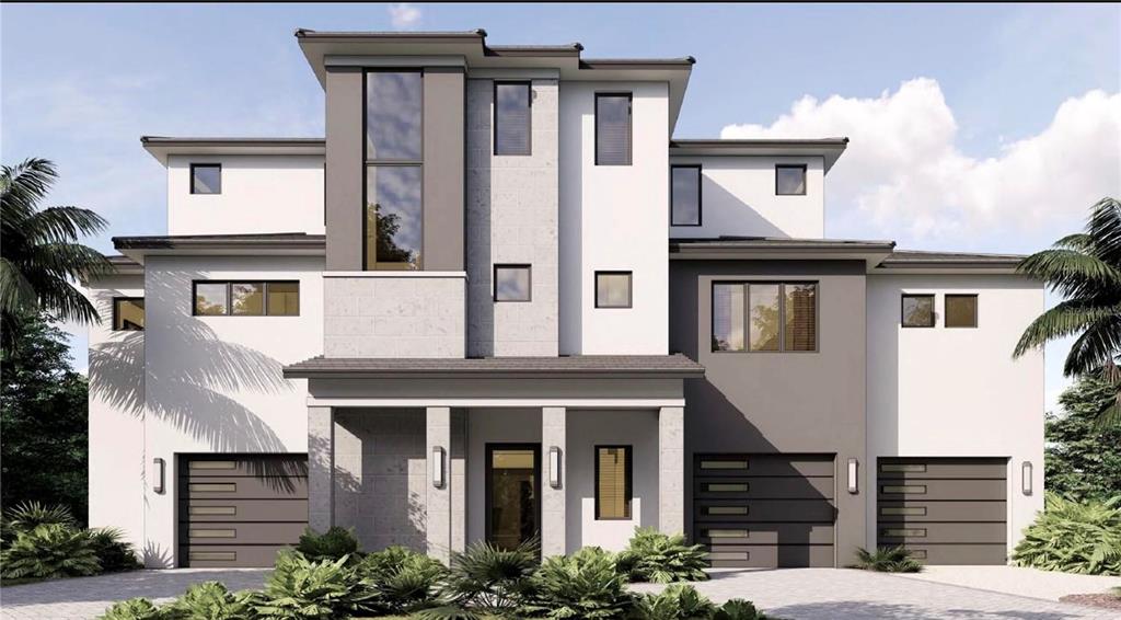 This architectural rendering shows the exterior of a modern three-story house with three garage bays — 7340 PINE NEEDLE ROAD, SARASOTA, FL