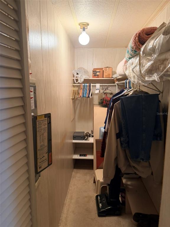 A narrow walk-in closet features wood-paneled walls, a hanging rod, shelving, and a ceiling light — 3301 ALT 19 UNIT 267, DUNEDIN, FL