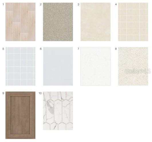 This image is a digital rendering showing ten different material and finish samples for home interiors — 32468 SEA LOCH LOOP, MOUNT DORA, FL