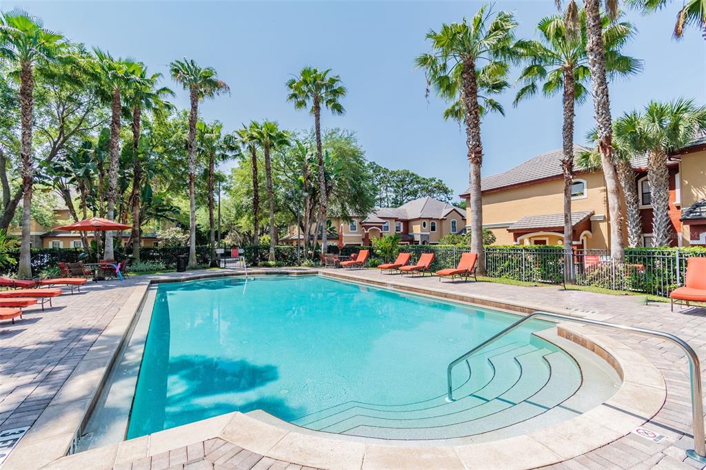 A swimming pool with lounge chairs and palm trees at an apartment complex — 2151 CHIANTI PLACE UNIT 12-122, PALM HARBOR, FL