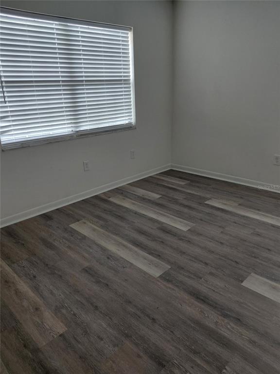 An empty room features light gray walls, white blinds, and dark wood-look plank flooring — 4725 JOSEPH COURT UNIT 229, TAMPA, FL